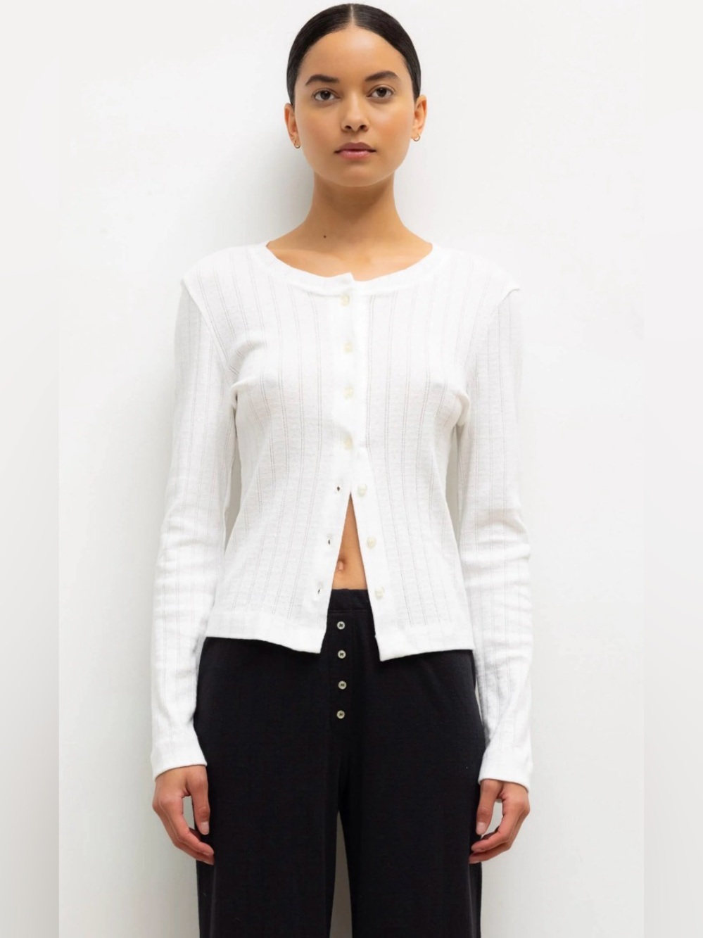 Leset Pointelle Classic Crew Cardigan